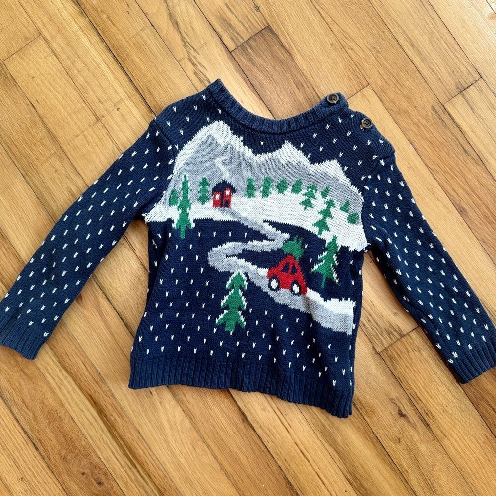 Children’s Knit Christmas Sweater 18m Red Truck Snow Trees Mountains Xmas Cute!!